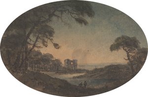 Paesaggio con due uomini e una rovina di castello sulla riva del fiume da Rev. William Gilpin