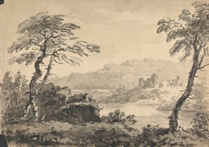 Paesaggio con due alberi e castello