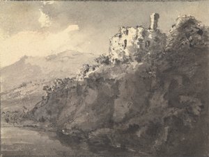 Paesaggio con un castello su una collina a destra