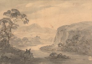 Paesaggio montuoso con due figure che guardano un lago da Rev. William Gilpin