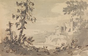 Pini e castello in un paesaggio