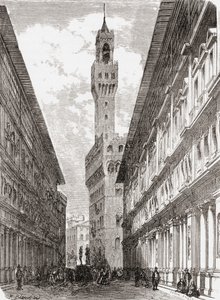 Gli Uffizi, il Palazzo Vecchio e la statua in Piazza della Signoria, Firenze, Italia alla fine del XIX secolo. Da 