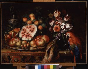 Natura morta con pappagallo rosso e frutta