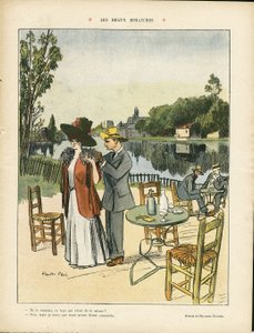 Illustrazione di Ricardo Flores (1878-1918) in Le Rire, 04/07/08 - Bei domeniche - Tempo libero, Natura Vegetazione, Architettura Urbanistica, Ristoranti Caffè, Marittimo