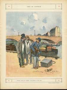 Illustrazione di Ricardo Flores (1878-1918) in Le Rire, 05/10/12 - Dal barbiere - Parigi, Mestieri, Architettura Urbanistica, Ponte, Fiume - Cane, Barbiere da Ricardo Flores