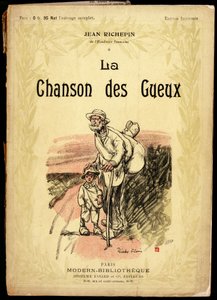 Vecchio e bambino, con nodi da viaggio e scarpe avvolte in stracci, su una strada, illustrazione di Ricardo Flores (morto nel 1918), per la copertina della raccolta di testi e poesie intitolata "La chanson des gueux", di Jean Richepin (1849-1926), il franc da Ricardo Flores