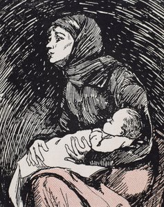 Vigilia di Natale. 1900. Una donna magra con il suo bambino in braccio (incisione) da Ricardo Maria Navarrete