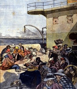 Emigrazione italiana in Canada; il viaggio a bordo del Lake Megantic è stato effettuato in condizioni piuttosto difficili. Ill. di R. Pellegrini. La Domenica del Corriere. 02/06/1901. da Riccardo Pellegrini