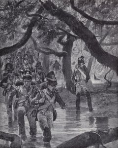 Soldati britannici che attraversano le paludi del fiume Essequibo nella Guyana britannica da Richard Caton II (after) Woodville