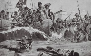 Le truppe britanniche forzano uno sbarco nella baia di Aboukir di fronte alle batterie francesi da Richard Caton II (after) Woodville