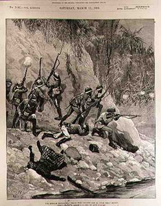 La spedizione in Birmania: combattimento con i dacoiti, 12 gennaio, vicino a Shoay Green, da The Illustrated London News, 13 marzo 1886 da Richard Caton II Woodville