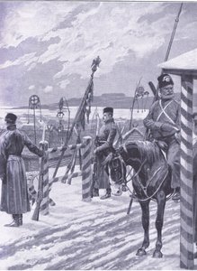 Una stazione cosacca in Manciuria con segni tribali sopra le capanne degli uomini, illustrazione da Cassells History of the Russo-Japanese War Vol 1, c.1900 da Richard Caton Woodville