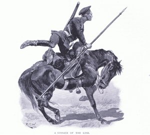 Un cosacco della linea, illustrazione da Cassells History of the Russo-Japanese War Vol 1, c.1900