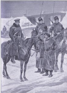 Arresto di spie giapponesi scoperte come coolies, illustrazione da Cassells History of the Russo-Japanese War Vol 1, c.1900 da Richard Caton Woodville