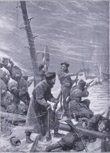 Attacco alla ferrovia da parte dei Chunchuses, illustrazione da Cassells History of the Russo-Japanese War Vol 1, c.1900 da Richard Caton Woodville