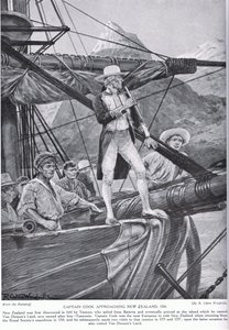 Il capitano Cook si avvicina alla Nuova Zelanda, illustrazione da 