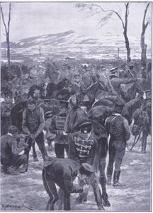 Accampamento di cavalleria giapponese a Seoul: Maniscalchi al lavoro, illustrazione da Cassells History of the Russo-Japanese War Vol 1, c.1900 da Richard Caton Woodville