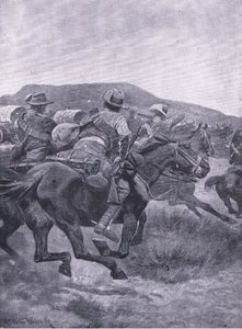 La cavalleria attacca la retroguardia e il trasporto di De Wet, da Dopo Pretoria: La guerra di guerriglia pubblicata da Harmsworth Bros Limited, 1901 da Richard Caton Woodville