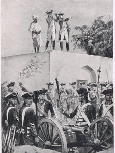 Battaglia di Plessey, 23 giugno 1757: Clive sul tetto del padiglione di caccia di Nawab Surat-ud-Daula, illustrazione da British Battles on Land and Sea, 1915