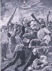 La difesa di Rorkes Drift, illustrazione da British Battles on Land and Sea, 1915 da Richard Caton Woodville junior