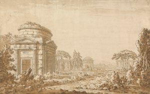 Paesaggio Italiano Classico con Templi e un Acquedotto in Rovina