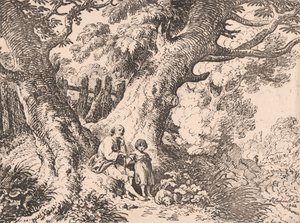 Vecchi alberi con vecchio uomo, bambino e cane da Richard Corbould