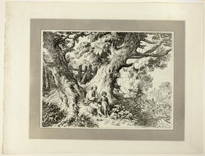 Vecchi alberi con vecchio uomo, una ragazza e un cane, dal primo numero di Specimens of Polyautography da Richard Corbould