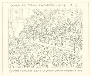 1849, Una prospettiva di Exeter Hall con un Gentiluomo Cristiano che denuncia il Papa da Richard Doyle
