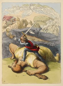 Jack in piedi sul corpo di un gigante, con la spada alzata. Illustrazione a colori in un libro per bambini. da Richard Doyle