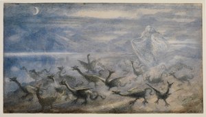 Paesaggio al chiaro di luna, con una strega e giovani draghi, 1876 da Richard Doyle
