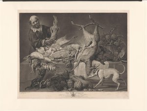 Mercante mostra selvaggina, carciofi, zucche e un