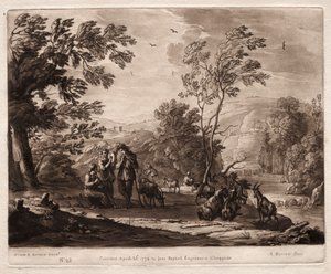 Liber Veritatis: No. 25, Paesaggio montuoso e boscoso con pastori che suonano e capre che brucano da Richard Earlom