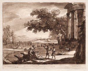 Liber Veritatis: N. 55, Un paesaggio con un tempio e una ninfa e satiro che danzano da Richard Earlom