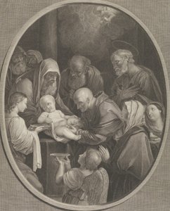 La circoncisione di Cristo, un gruppo di uomini e donne lo circondano, un angelo in primo piano