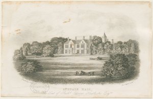 Casa e Parco di Apedale Hall: incisione in acciaio, nd [?fine 18° sec.] da Richard Edensor Heathcote