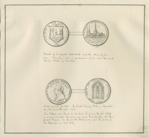 Lichfield - Medaglie della Cattedrale di Lichfield e stemma della città, e un ritratto di Richard Greene: disegno a penna, nd [inizio 19° sec]