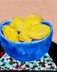 Natura morta con limoni in una ciotola blu