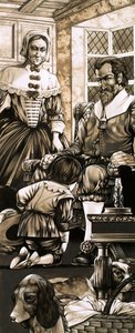 Un ragazzo del XVII secolo si inginocchia davanti al padre in segno di penitenza (gouache su carta) da Richard Hook