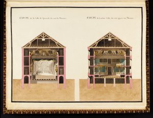 Sezione della sala di spettacolo dal lato del teatro & Sezione della stessa sala dal lato opposto al teatro, dal Recueil des plans du Petit Trianon di Richard Mique da Richard Mique