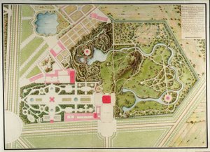 Piano dei giardini francesi e campestri del Petit-Trianon con le masse dell