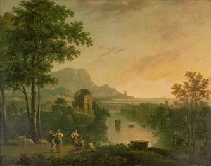 Paesaggio costiero al tramonto con pastori e pastorelle che danzano da Richard Wilson