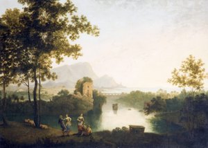 Sera alla foce del fiume con contadini che ballano