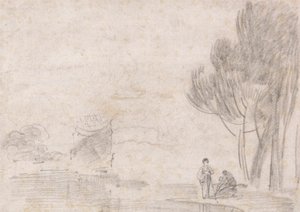Tempio in rovina di Minerva?, due figure sulla riva del fiume da Richard Wilson