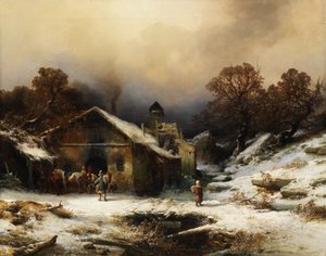 Paesaggio innevato con casa colonica
