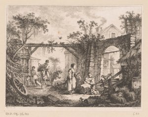 Veduta di un cortile con una vista attraverso un portale verso una casa