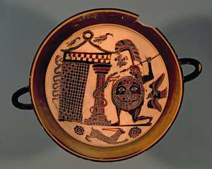 Coppa a figure nere laconiche raffigurante un guerriero che attacca un serpente, VI secolo a.C. da Rider Painter