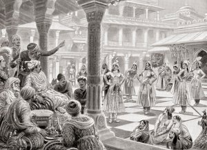 Akbar che gioca a pachisi o chaupur con pezzi viventi a Fatehpur Sikri nel 1575, da Hutchinson