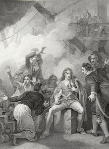 Conte Sandwich rifiuta di lasciare la sua nave in fiamme, nella Battaglia di Sole Bay, inciso da W. Byrne, illustrazione da 