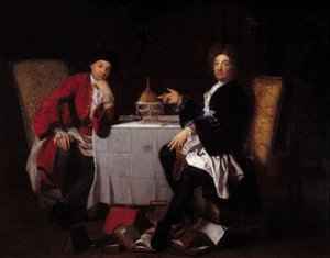 Due epicurei Due filosofi che parlano a un tavolo da Robert (attr. to) Tournieres