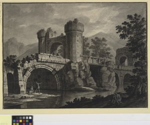 Fantasia architettonica di un ponte in rovina in un paesaggio da Robert Adam